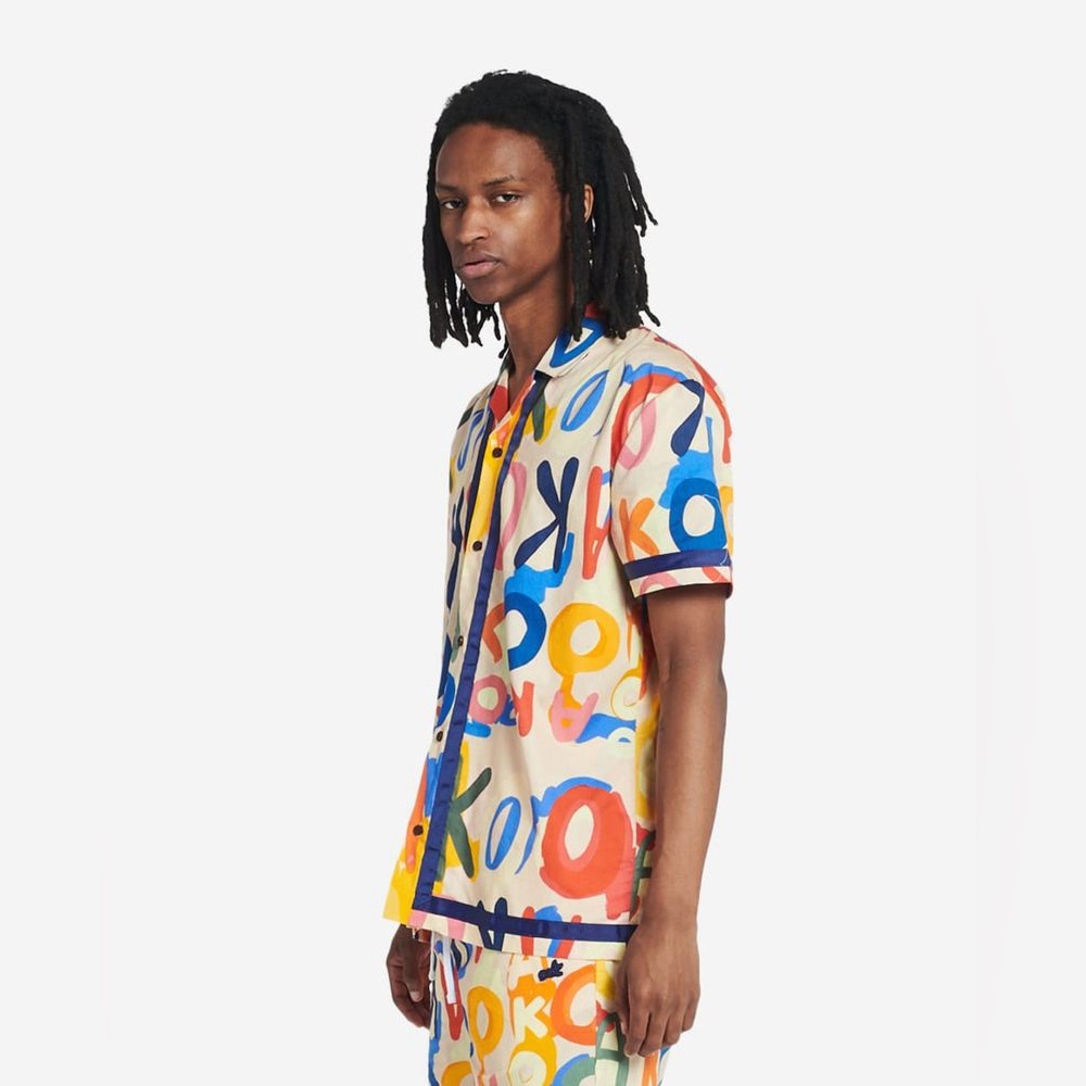 Akoo Effortless Woven Button Down Shirt macadamia print colorful short sleeve